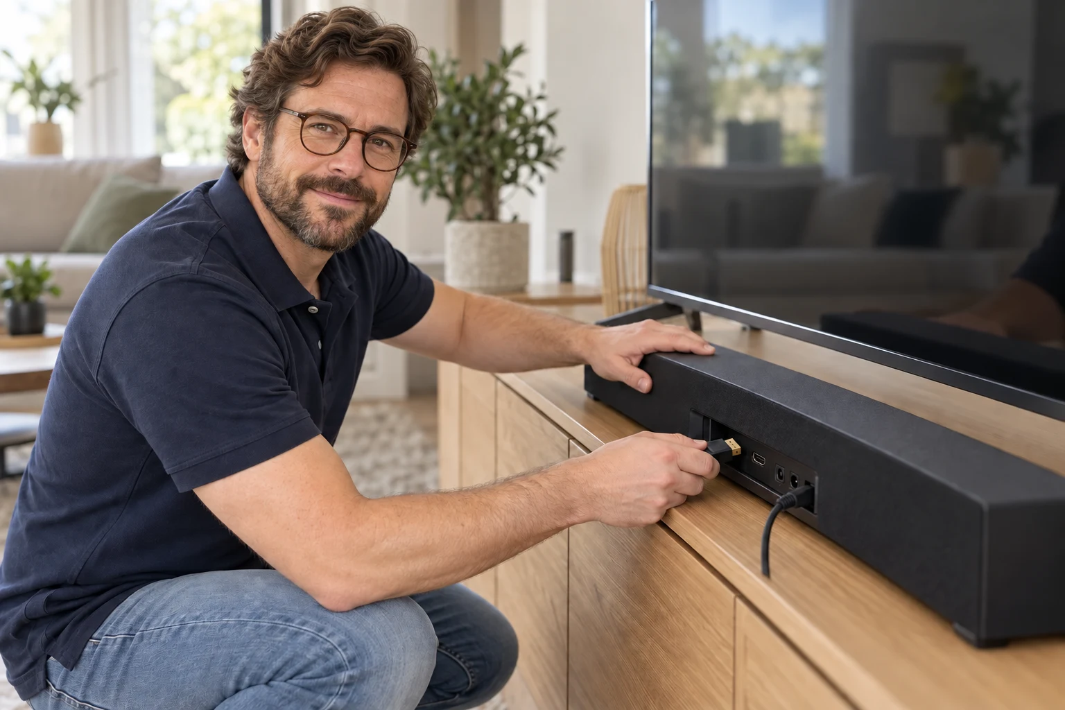 AI-sfeerbeeld van een fictieve monteur die een soundbar aansluit