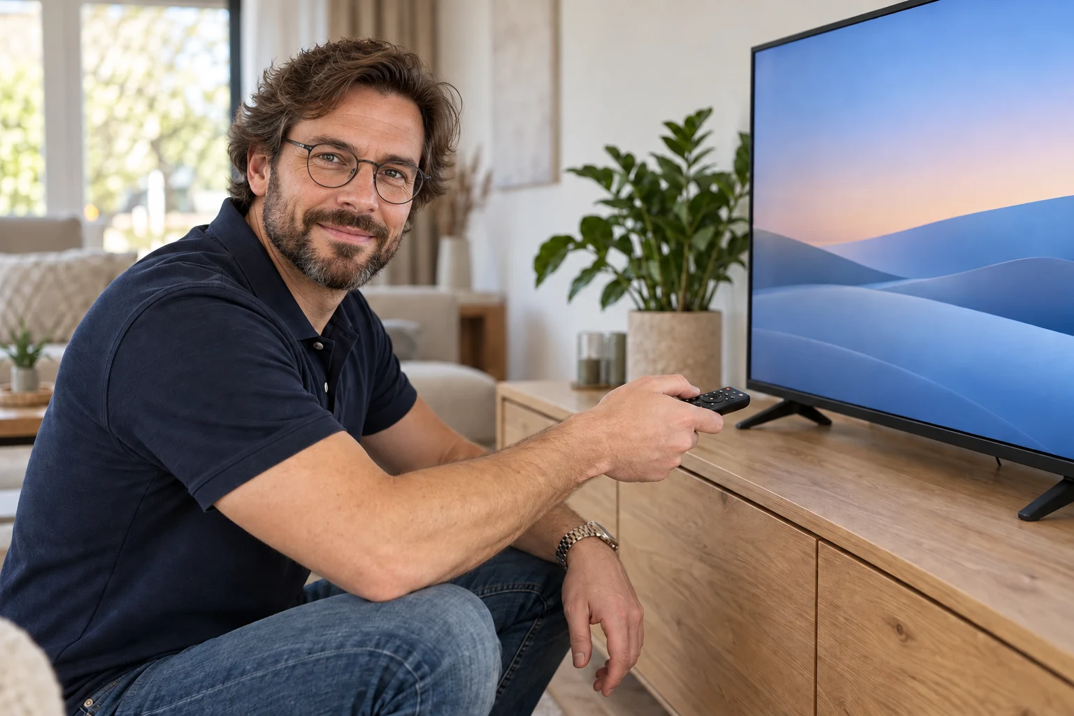 AI-sfeerbeeld van een fictieve monteur die een tv op een meubel instelt